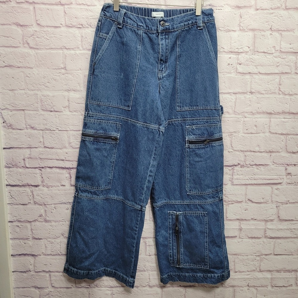 Forever 21 Wide Leg Cargo Jeans Size M Carpenter High‎ Rise Waist Big Pockets
